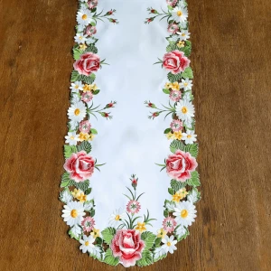 Bieżnik 40x180 w kolorze białym z różowymi różami